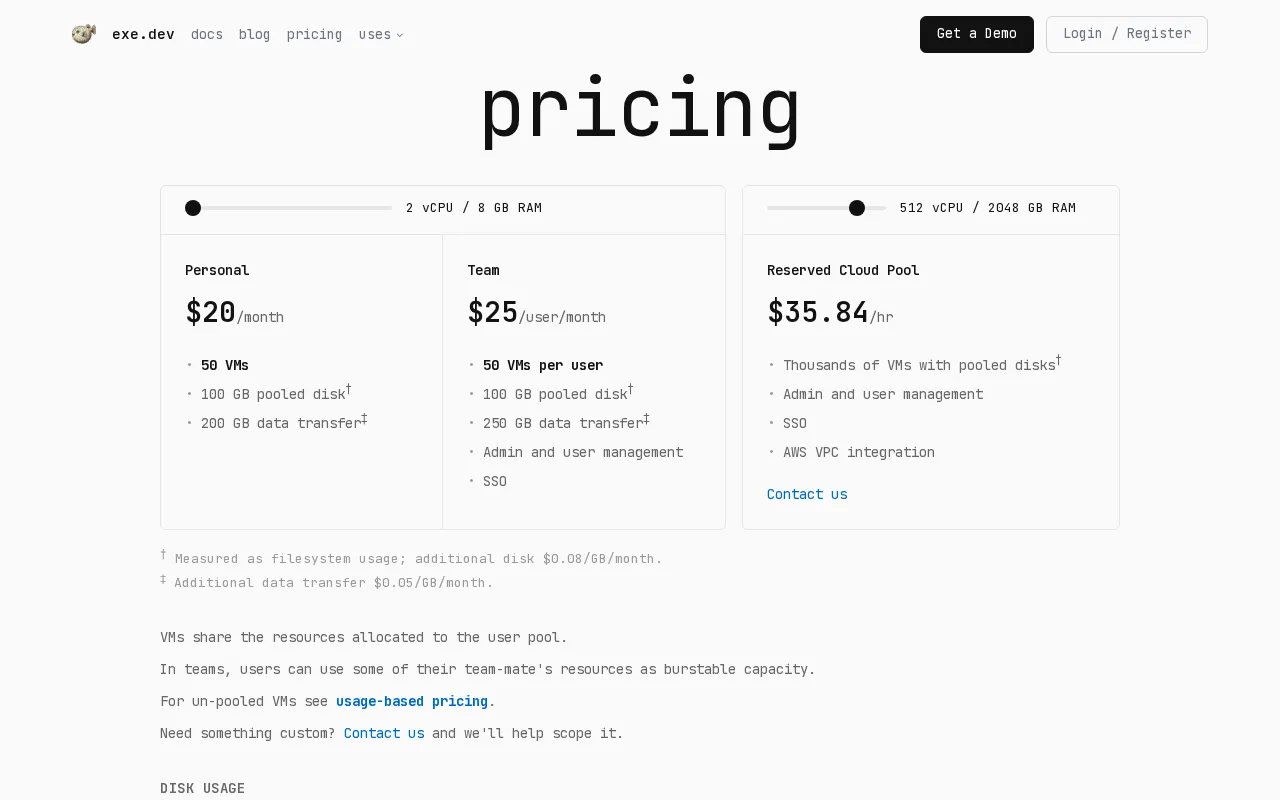 exe.dev — pricing page