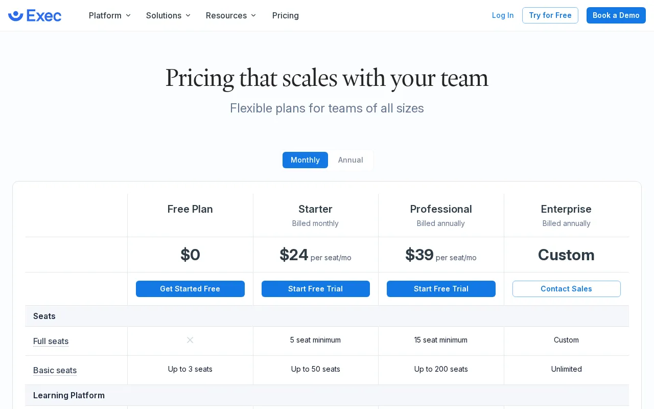 Exec — pricing page