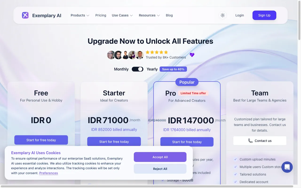 Exemplary AI — pricing page