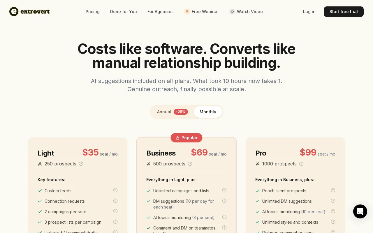 Extrovert — pricing page