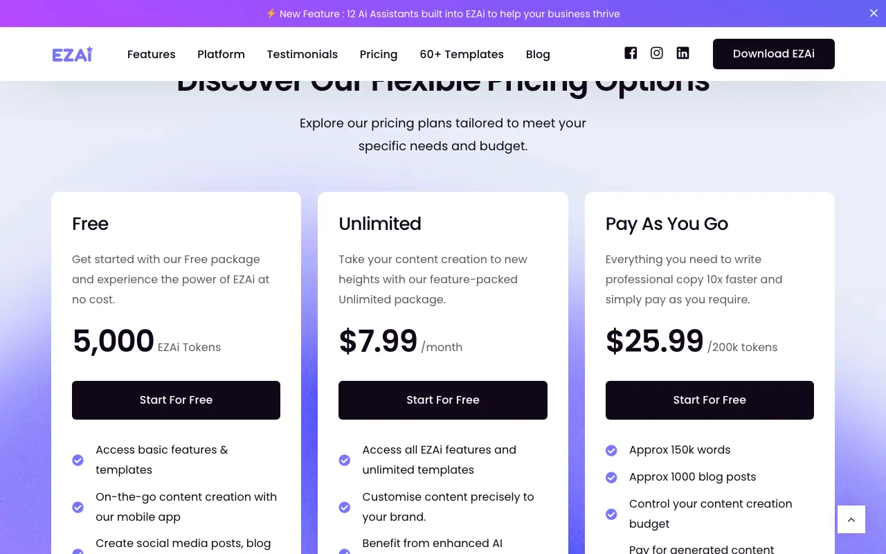 EZAi AI — pricing page