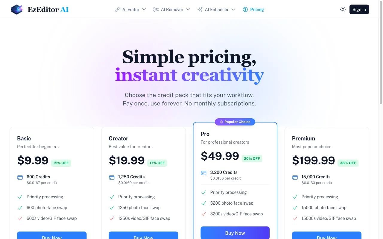 EzEditor AI — pricing page