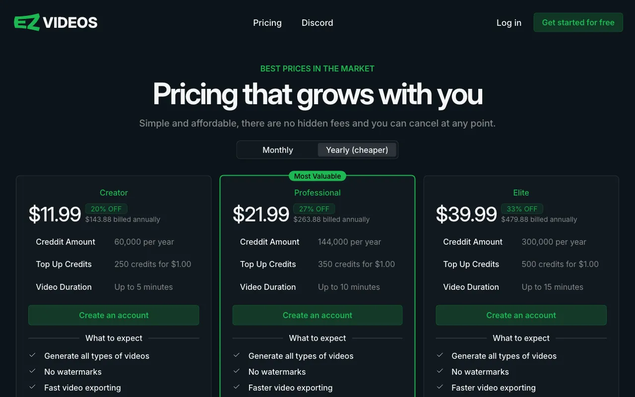 EzVideos — pricing page