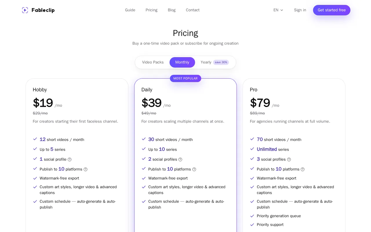 Fableclip — pricing page