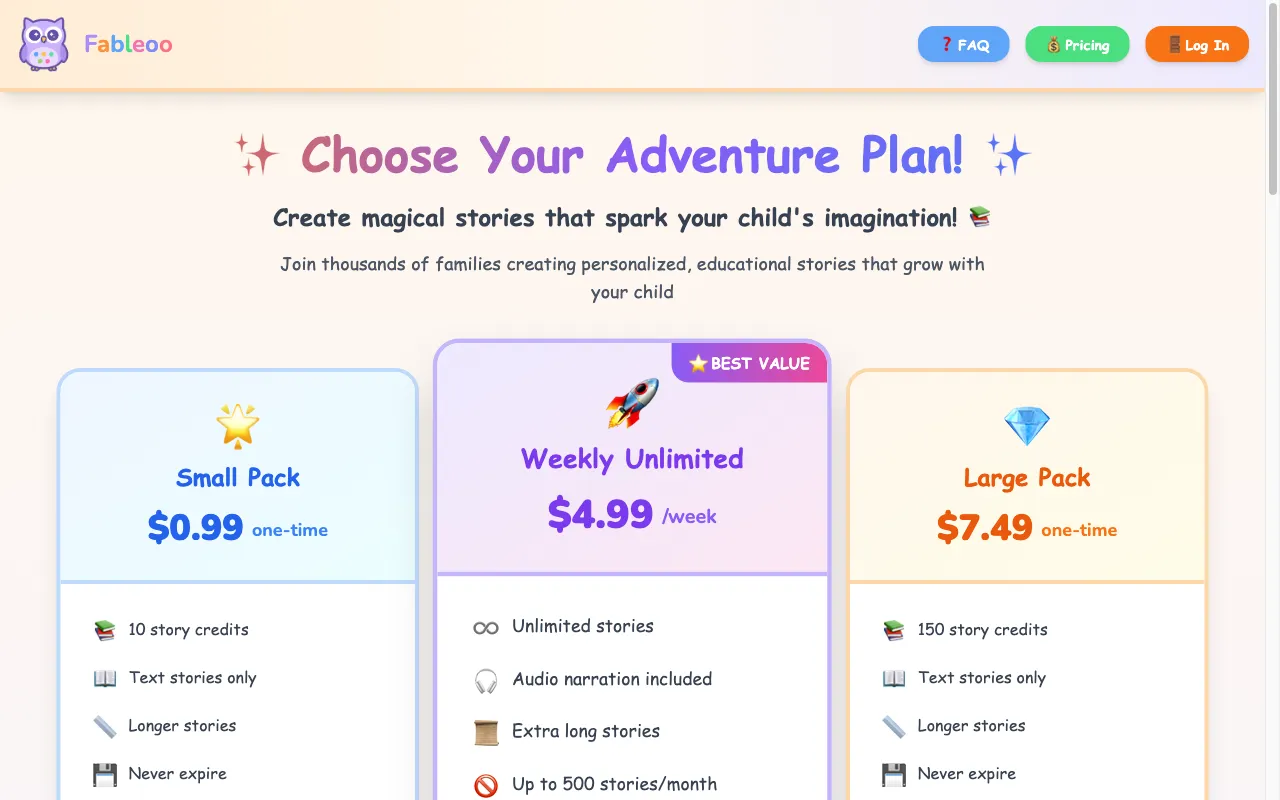 Fableoo — pricing page