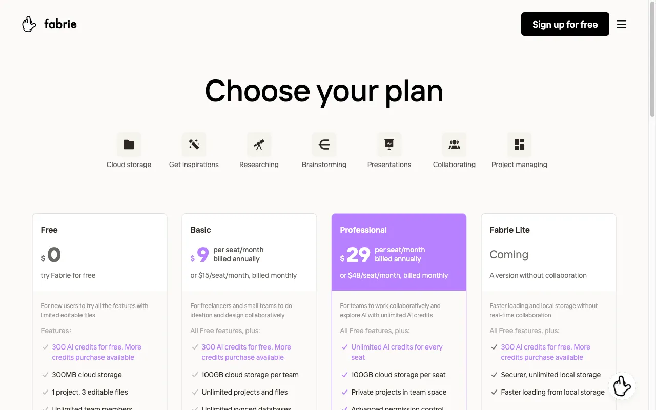 Fabrie AI — pricing page