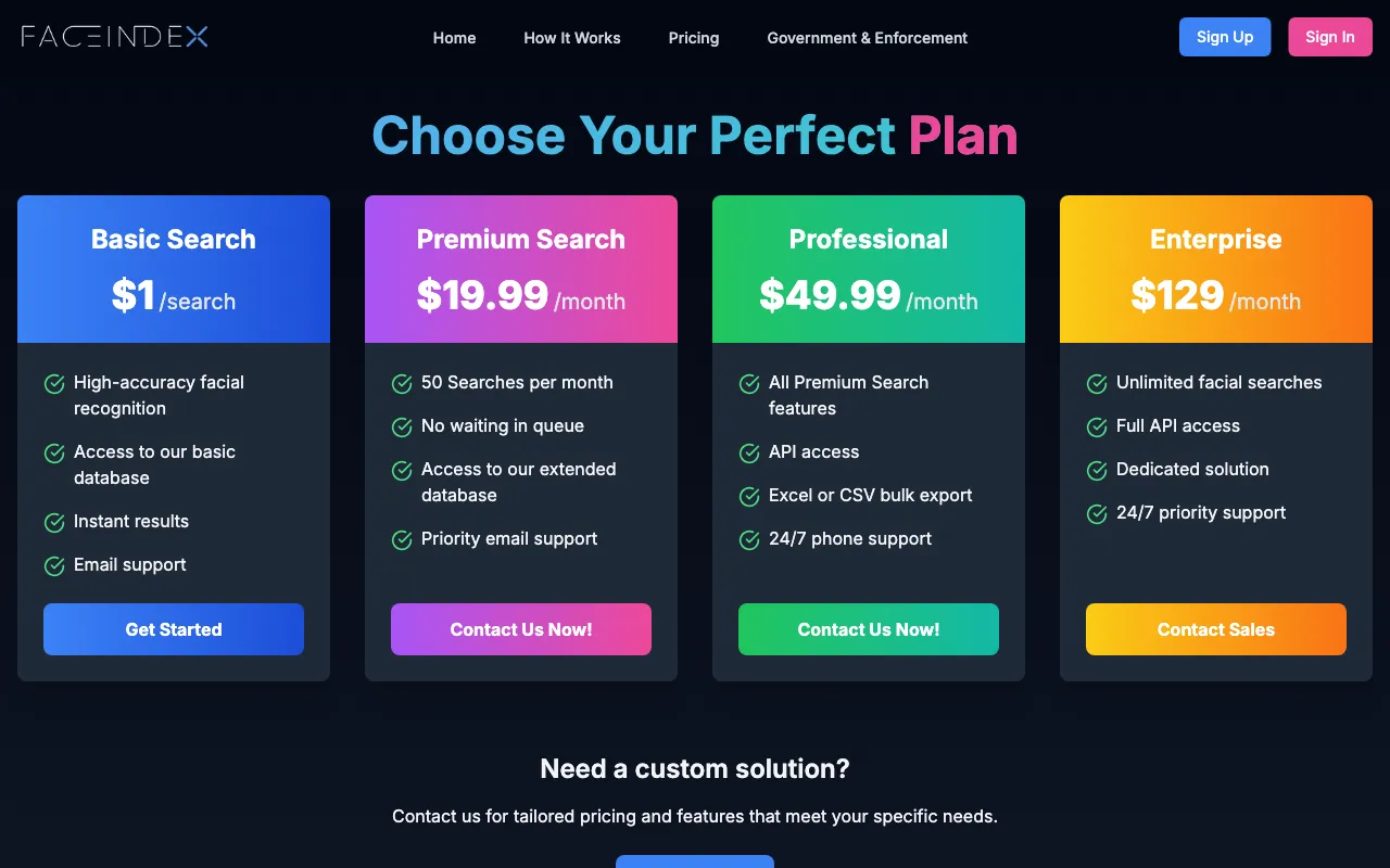 Face Index — pricing page