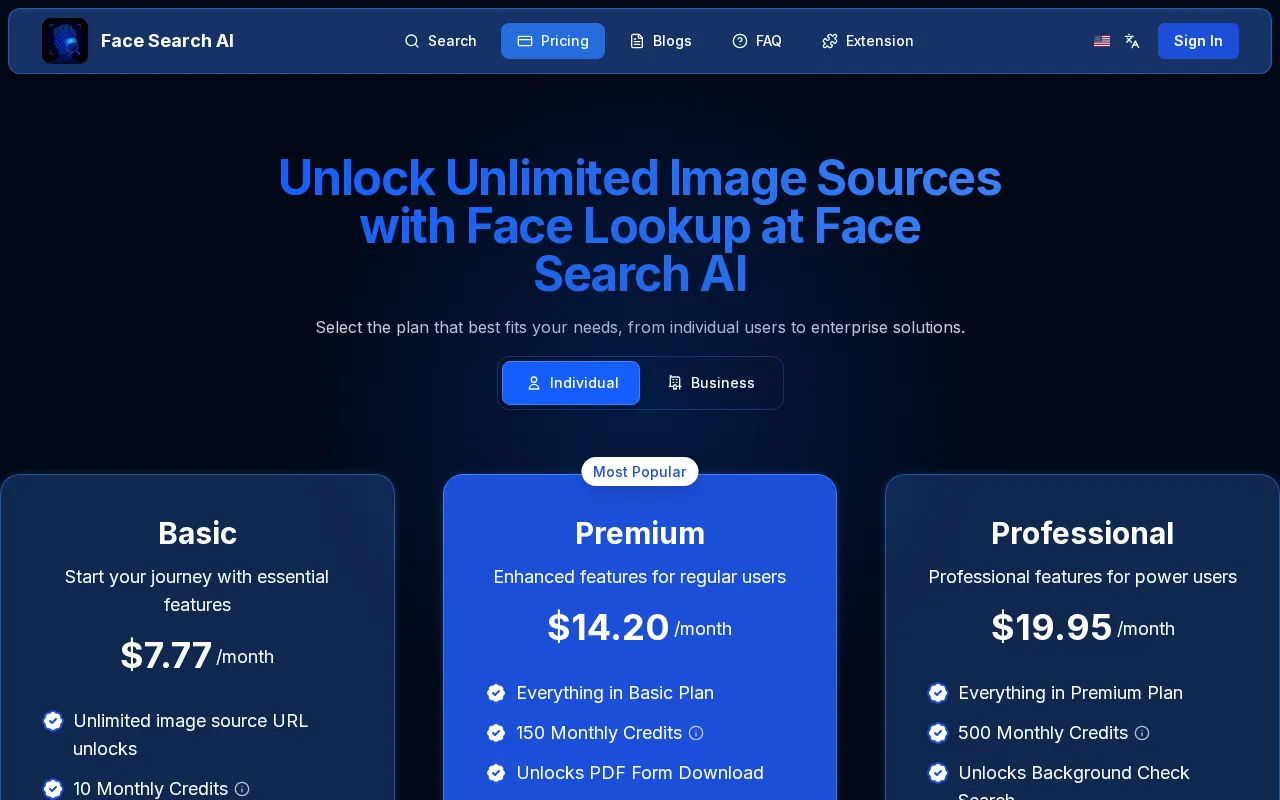 Face Search AI — pricing page