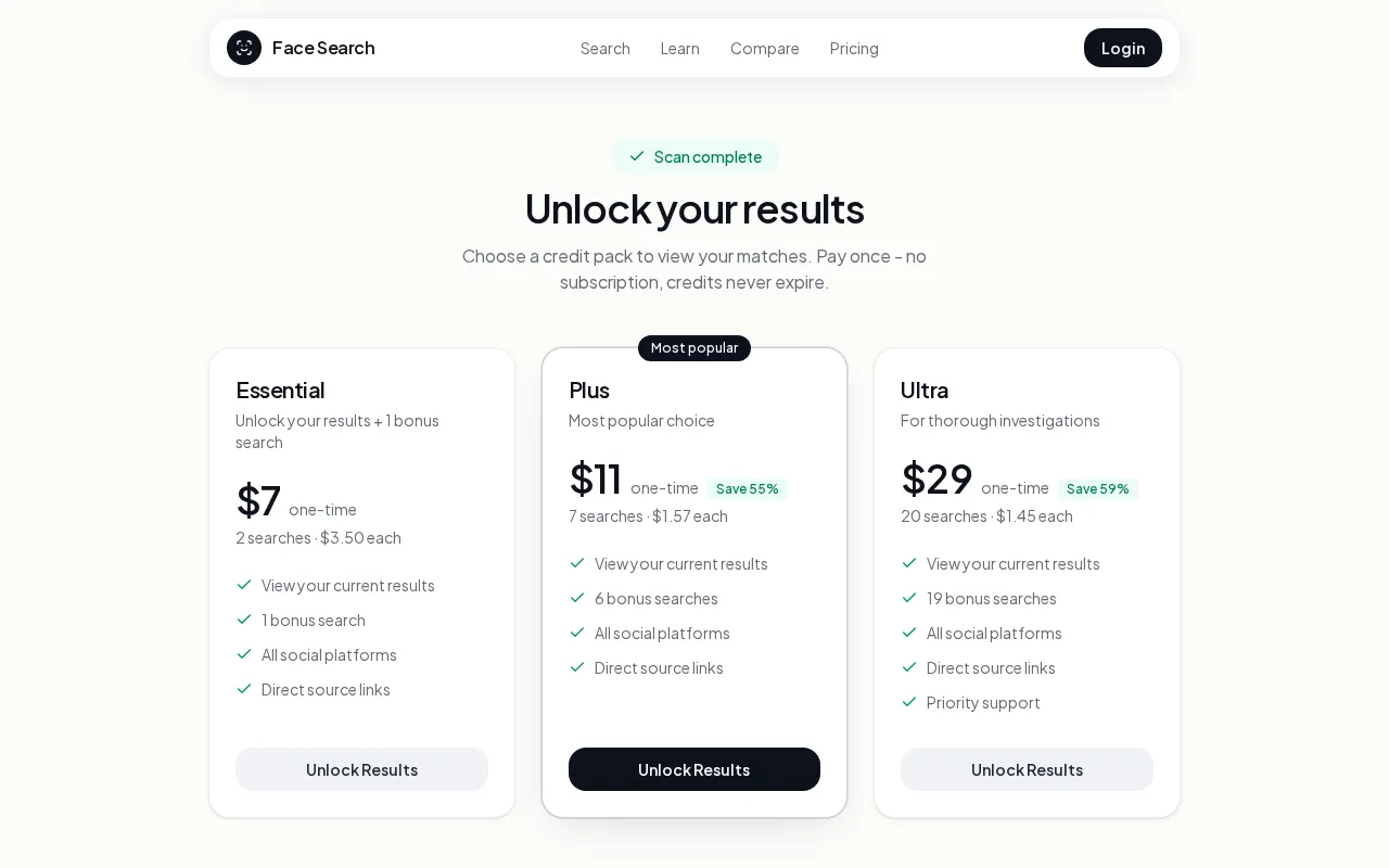 Face Search — pricing page