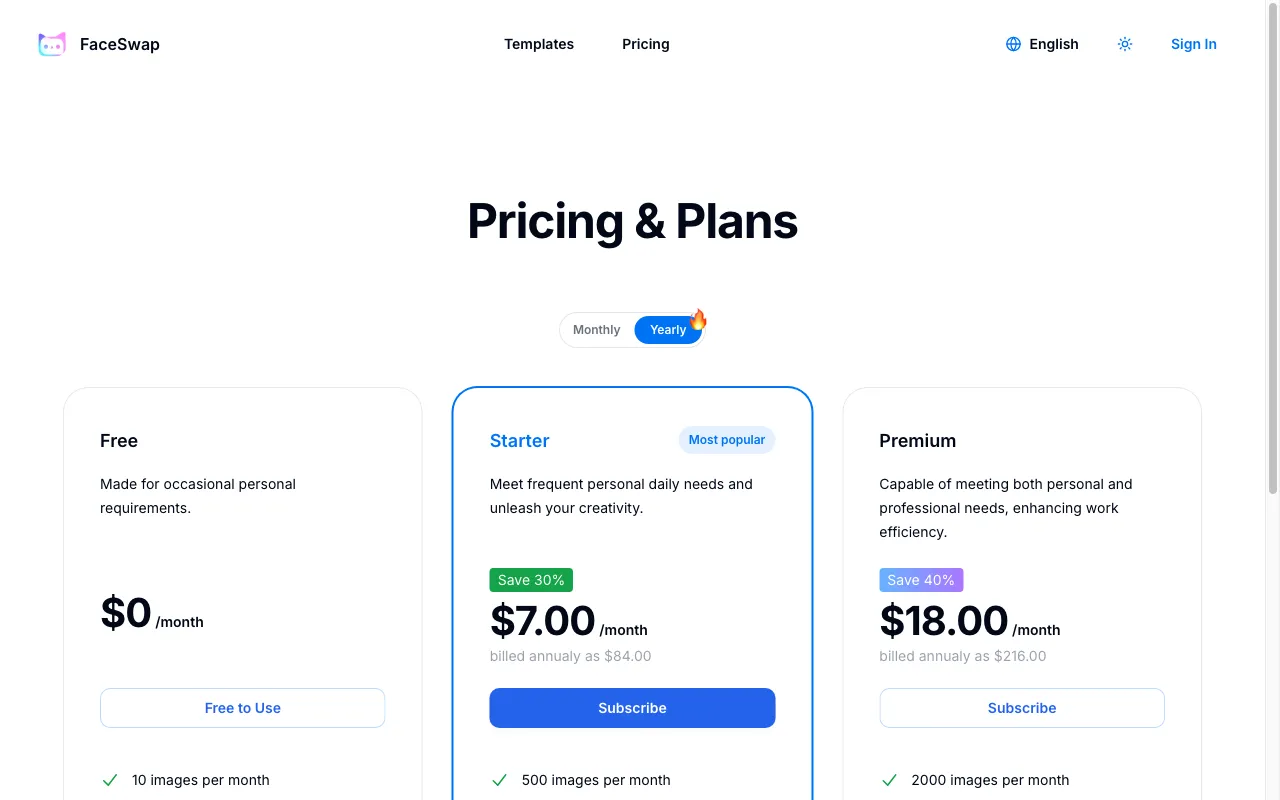 Face Swap Solution Online — pricing page