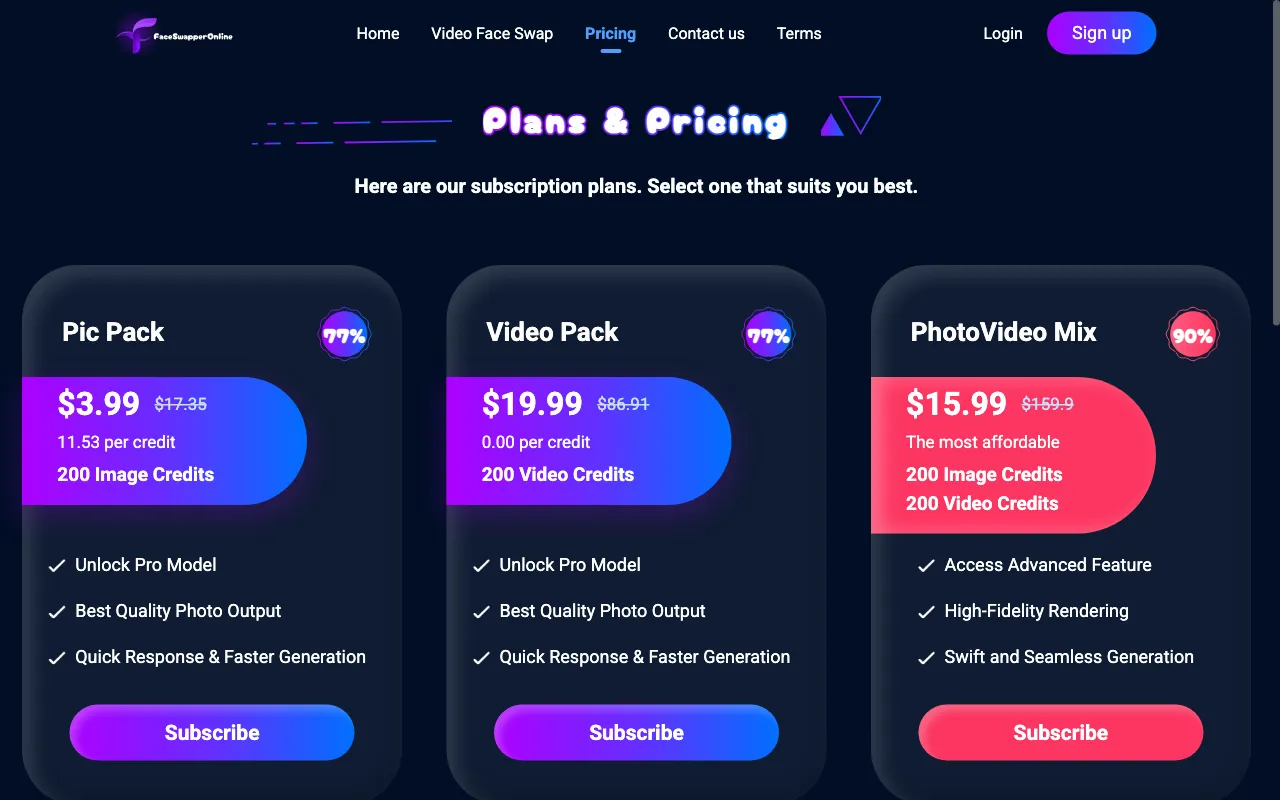 faceswapperonline.com — pricing page