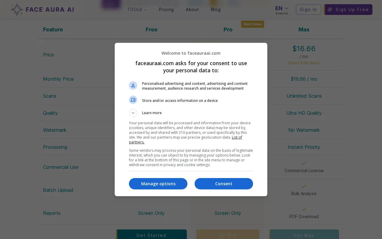 FaceAuraAI — pricing page