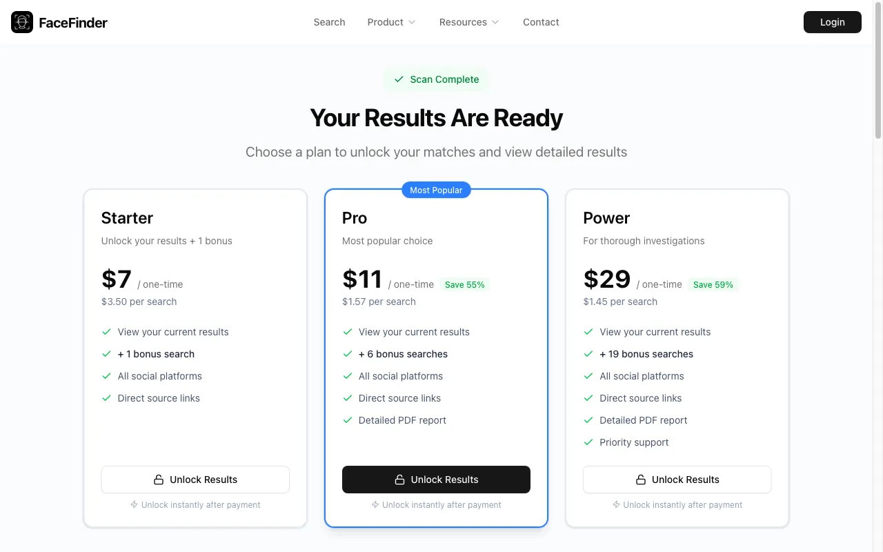 FaceFinder ID — pricing page