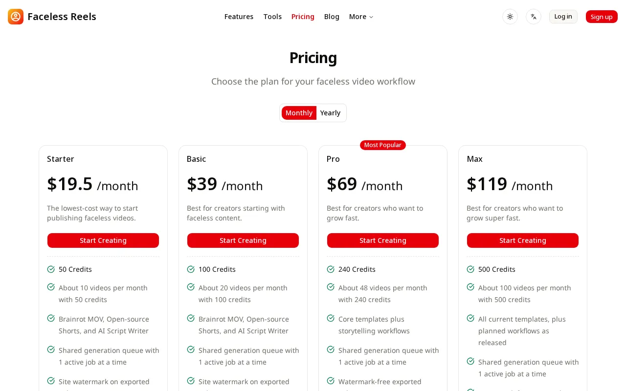 Faceless Reels — pricing page