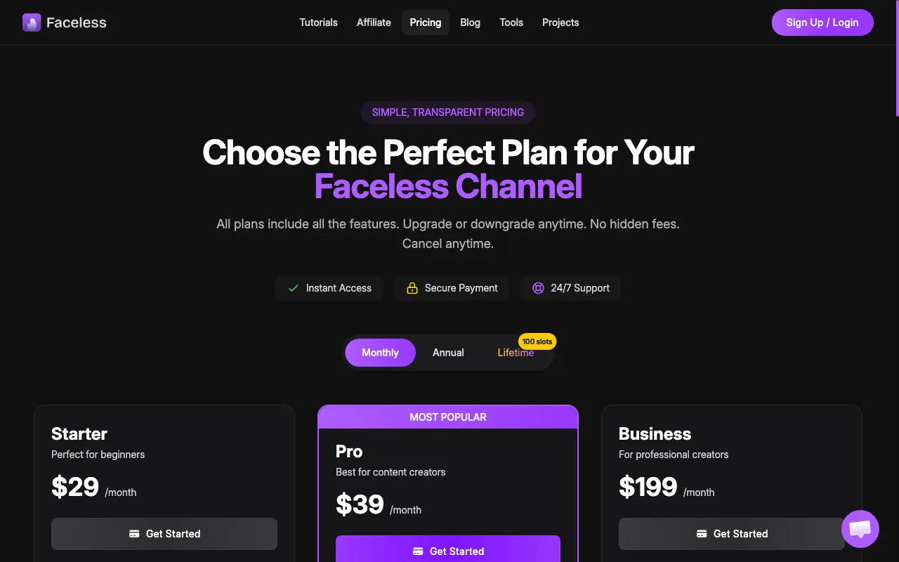 Faceless.so — pricing page
