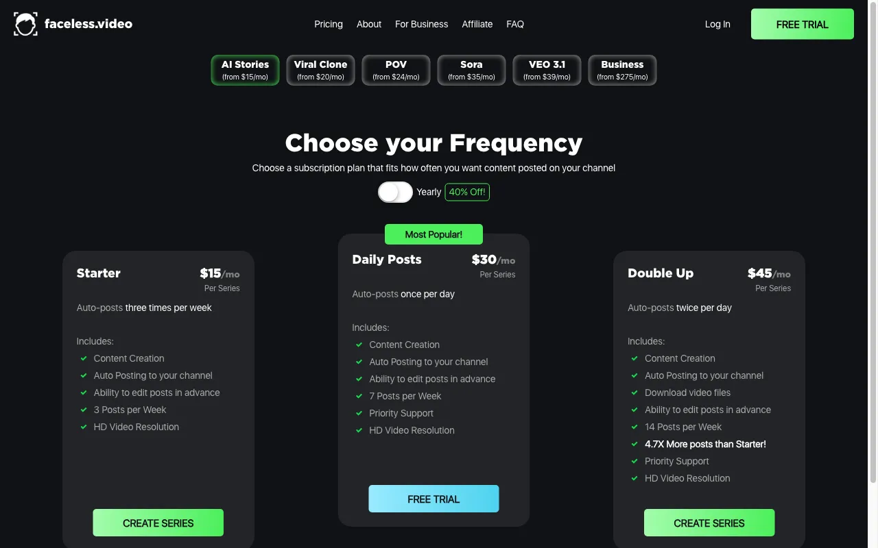 Faceless — pricing page