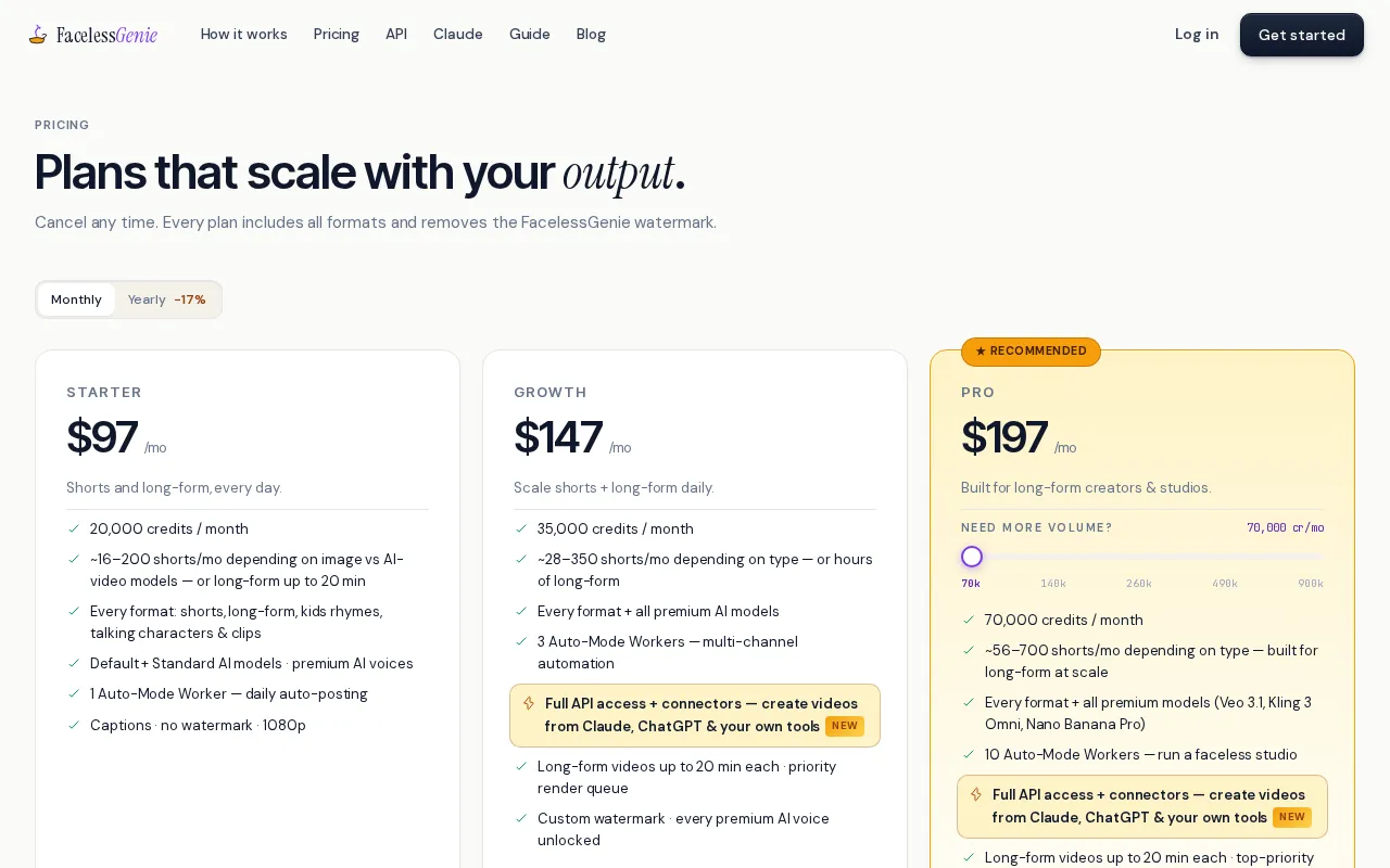 FacelessGenie — pricing page