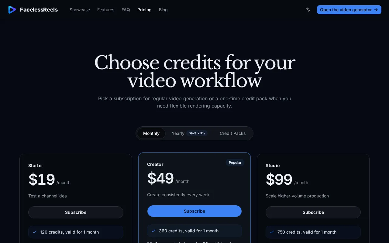 FacelessReels.app — pricing page