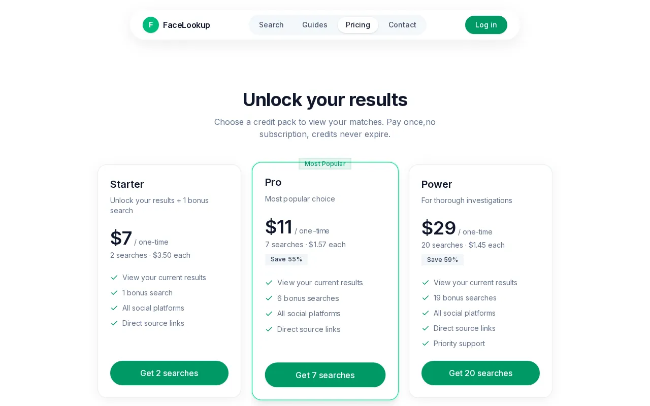 FaceLookup — pricing page