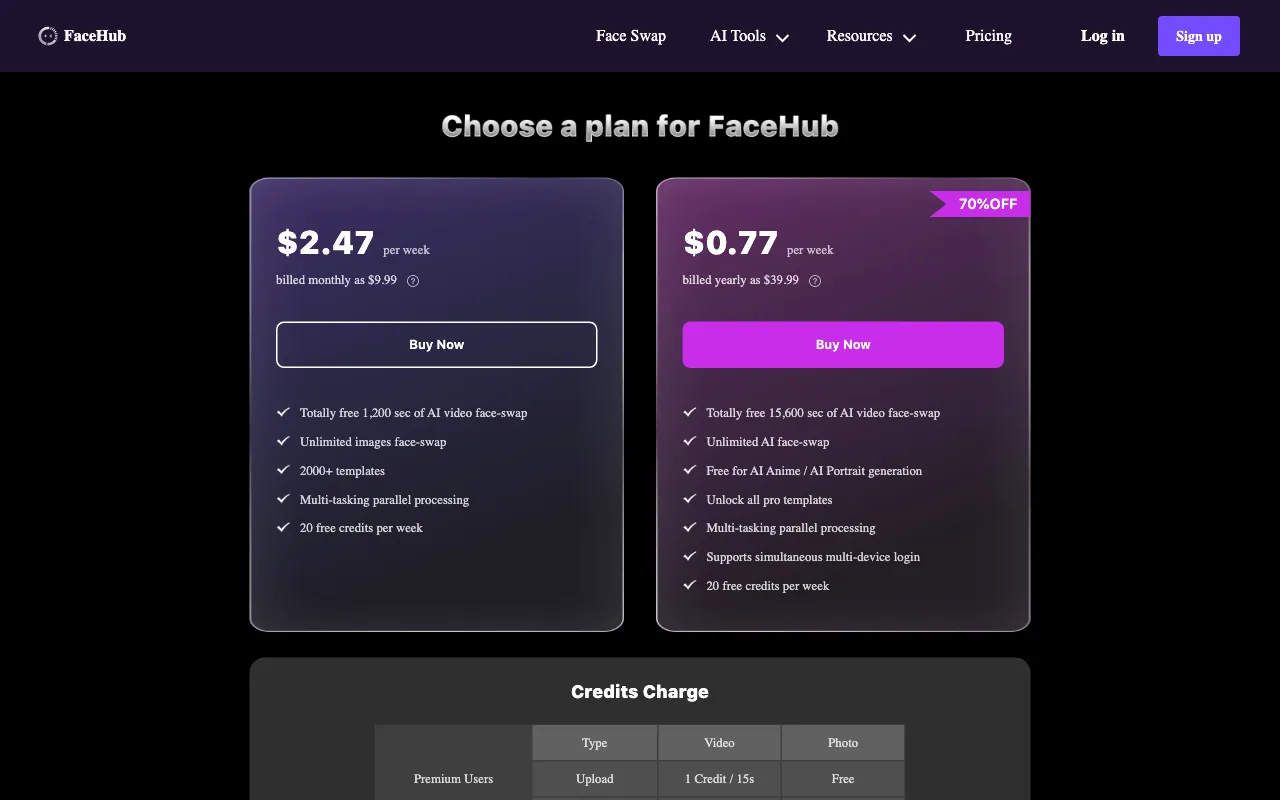 FaceHub — pricing page