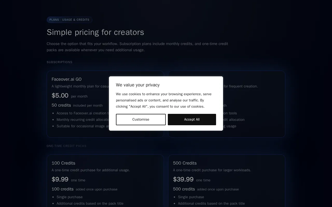 Faceover — pricing page