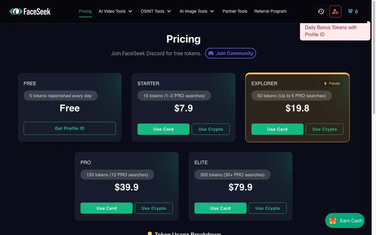 FaceSeek — pricing page