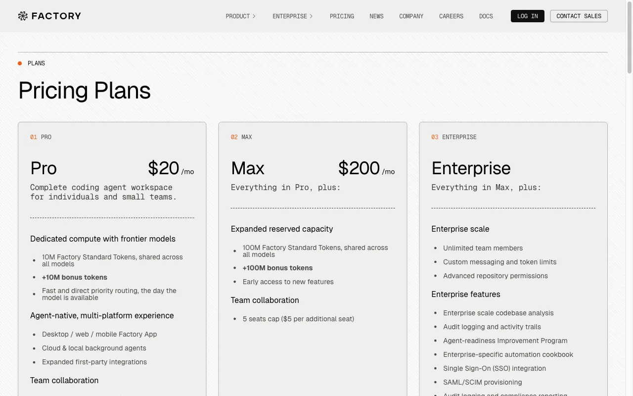 Factory — pricing page