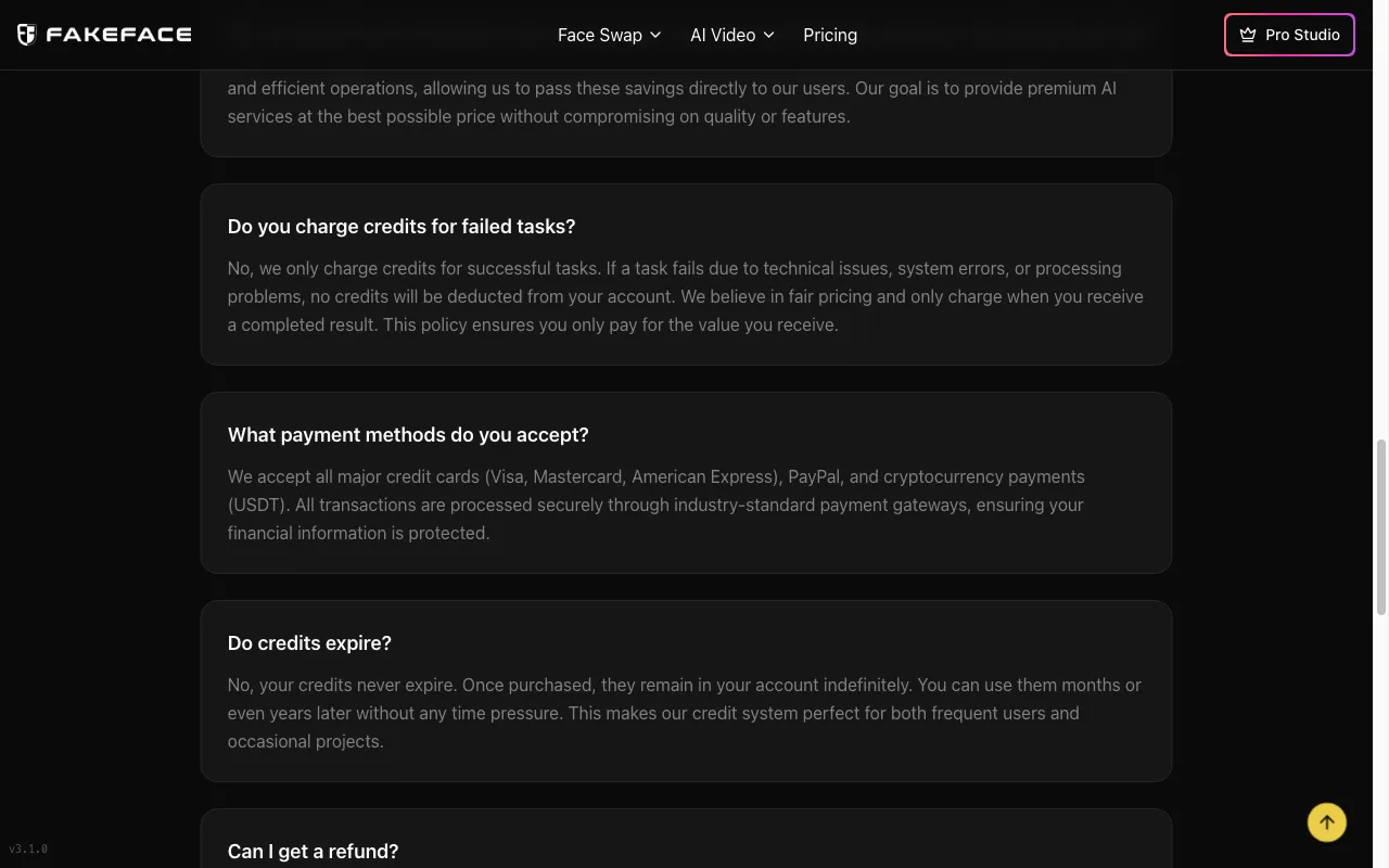 Fakeface — pricing page