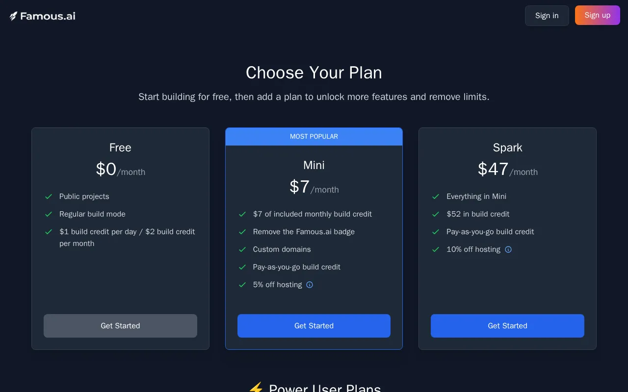 Famous — pricing page