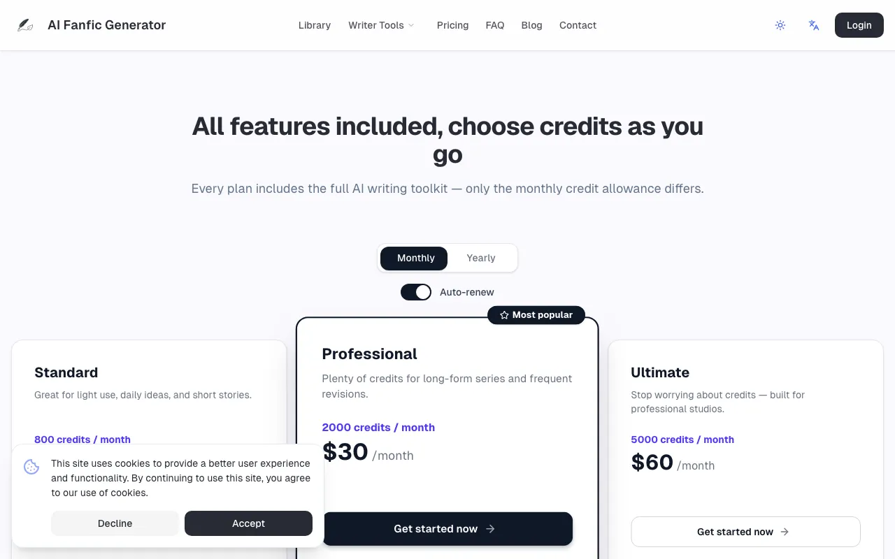 fanficgenerator.com — pricing page