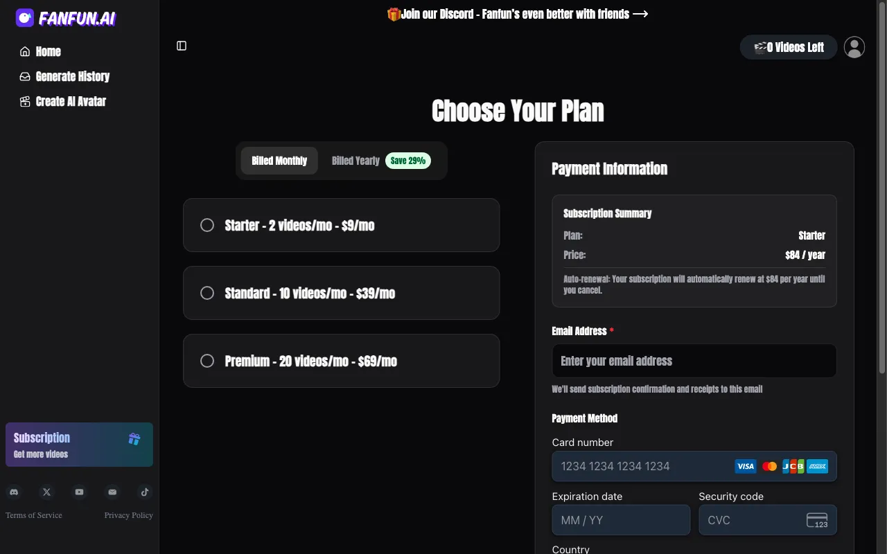 Fanfun AI — pricing page