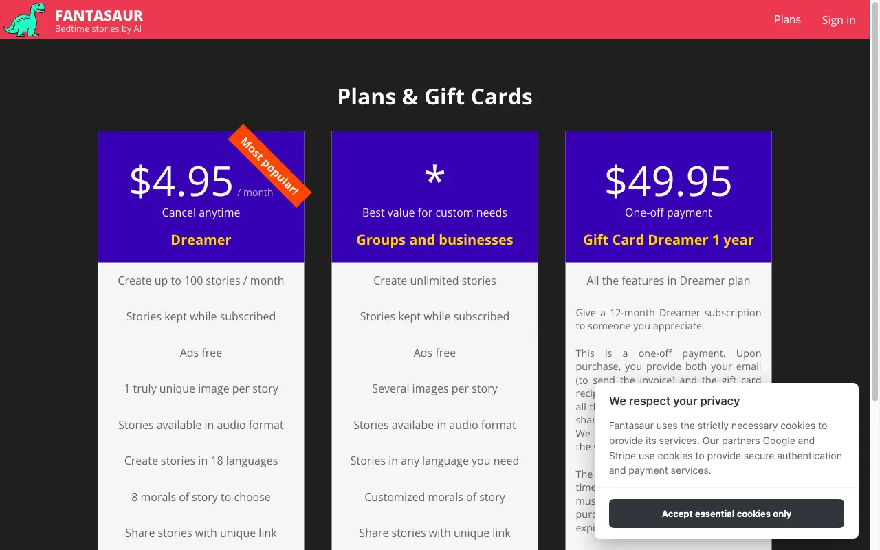 Fantasaur — pricing page