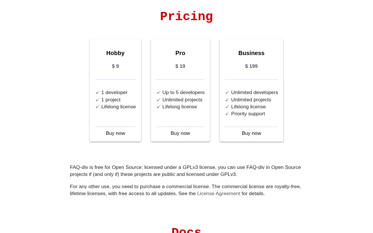 FAQ-div — pricing page