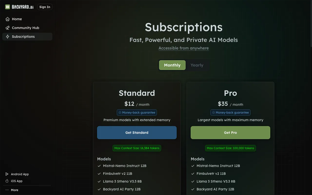 Backyard AI — pricing page