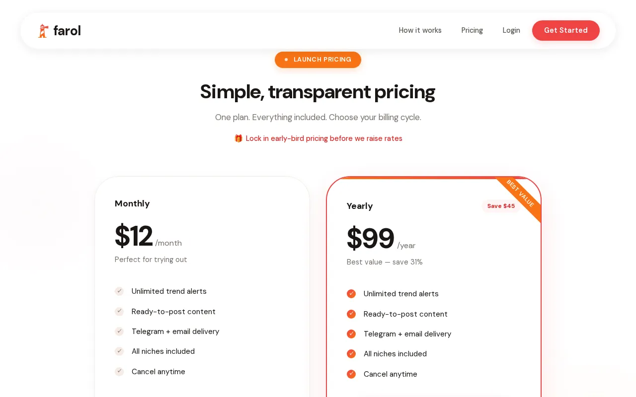 Farol — pricing page