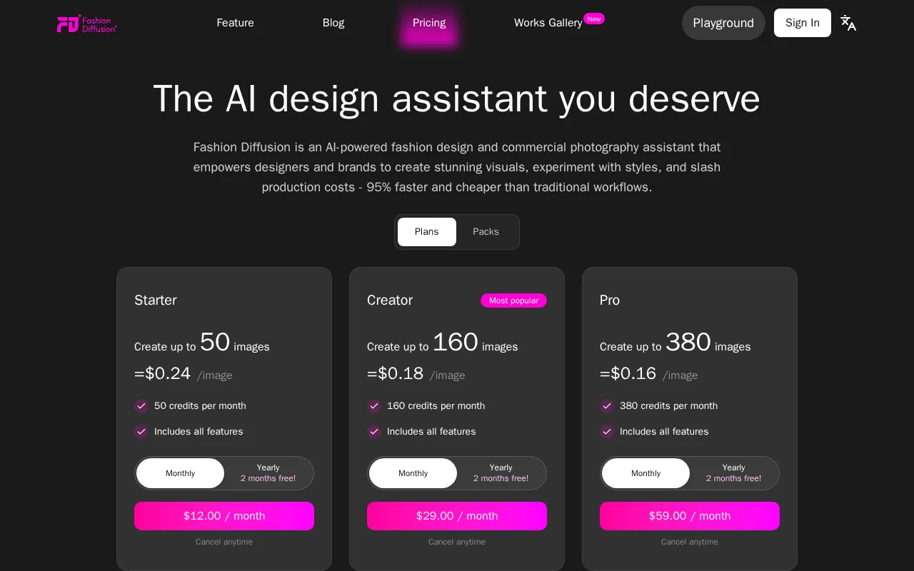 Fashion Diffusion AI — pricing page