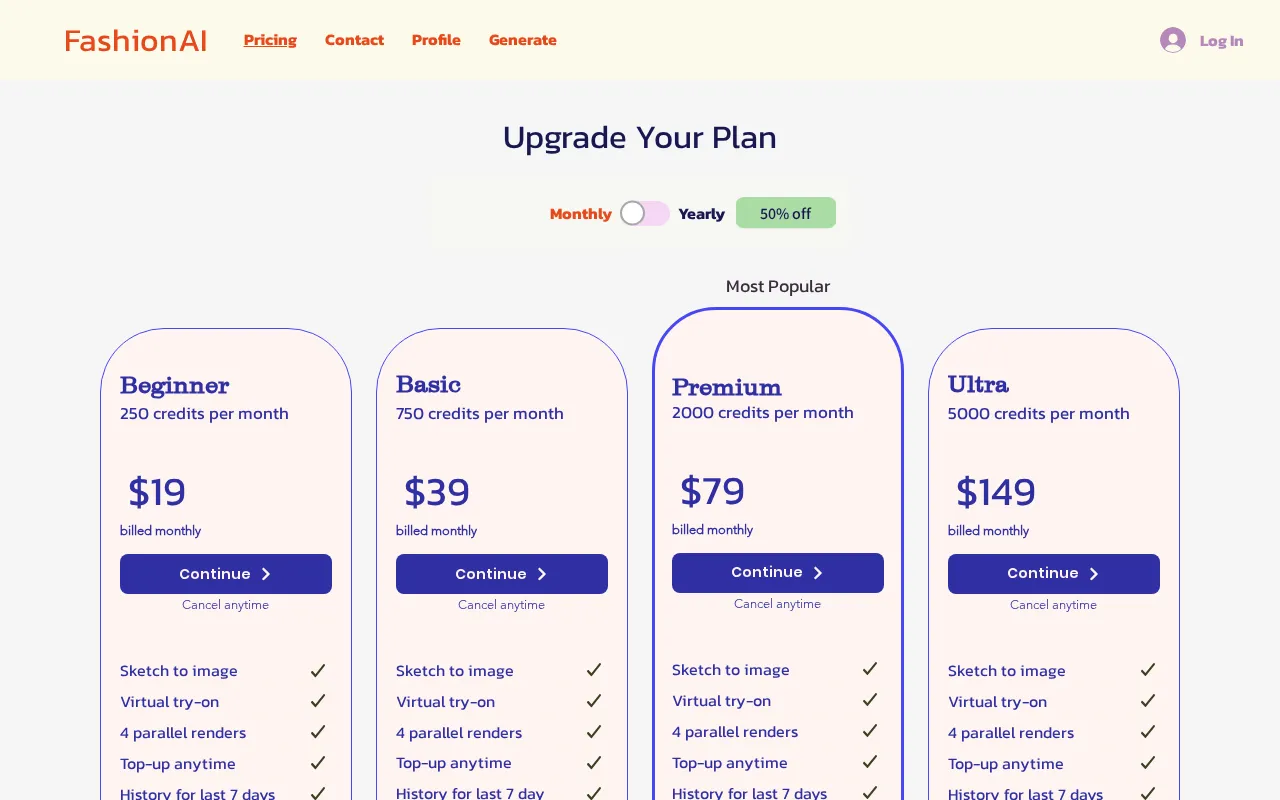 Fashionaitool — pricing page