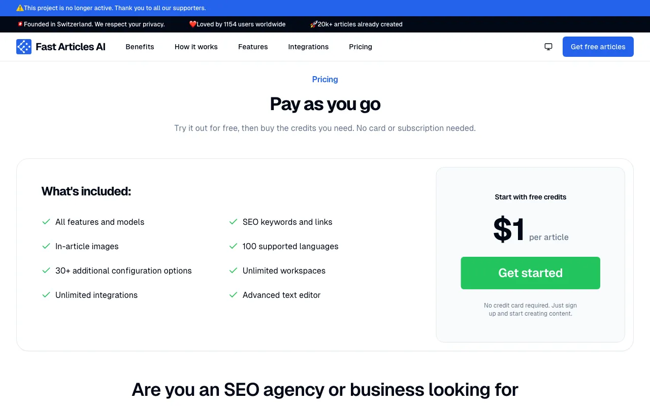 Fast Articles AI — pricing page