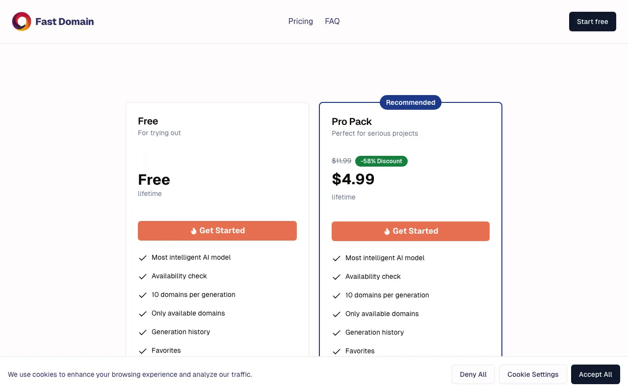 Fast Domain — pricing page