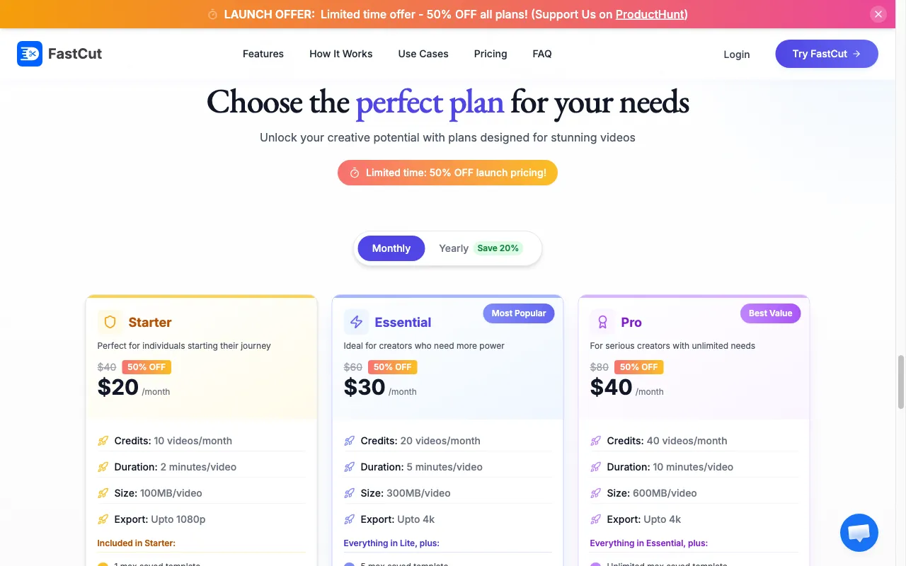 FastCut — pricing page