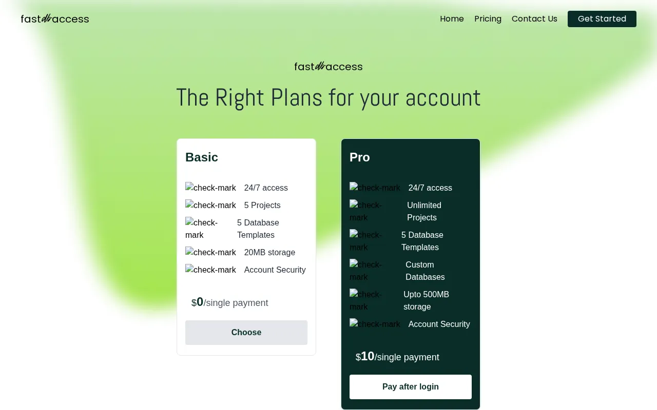 fastdbaccess — pricing page