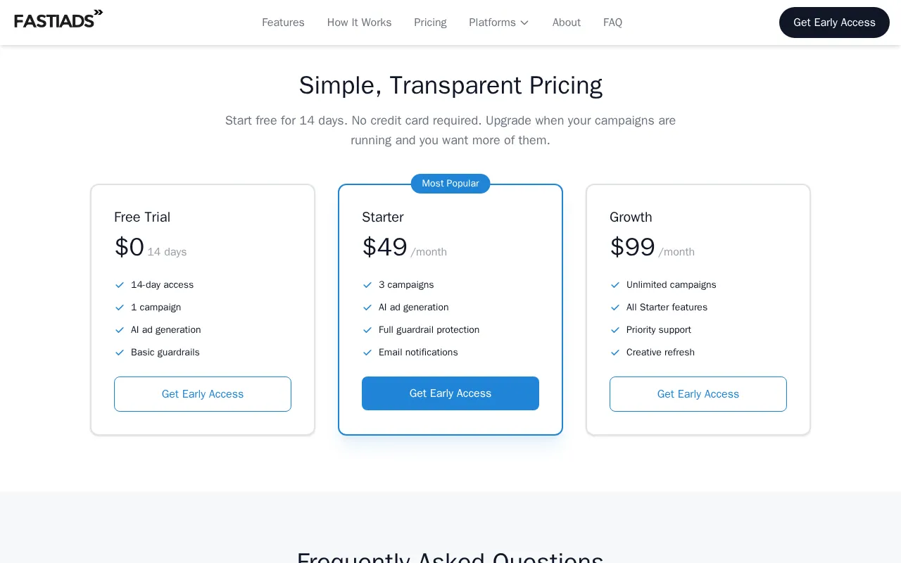 FastiAds — pricing page