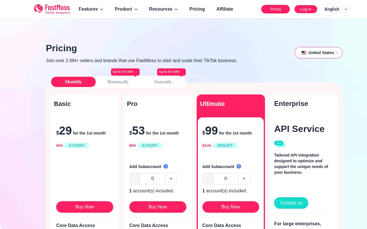 FastMoss — pricing page