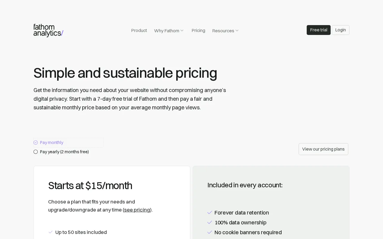Fathom Analytics — pricing page