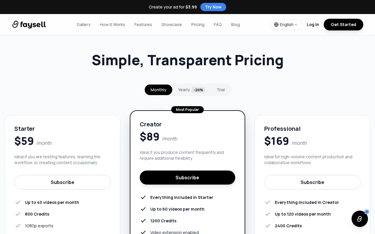 Faysell — pricing page
