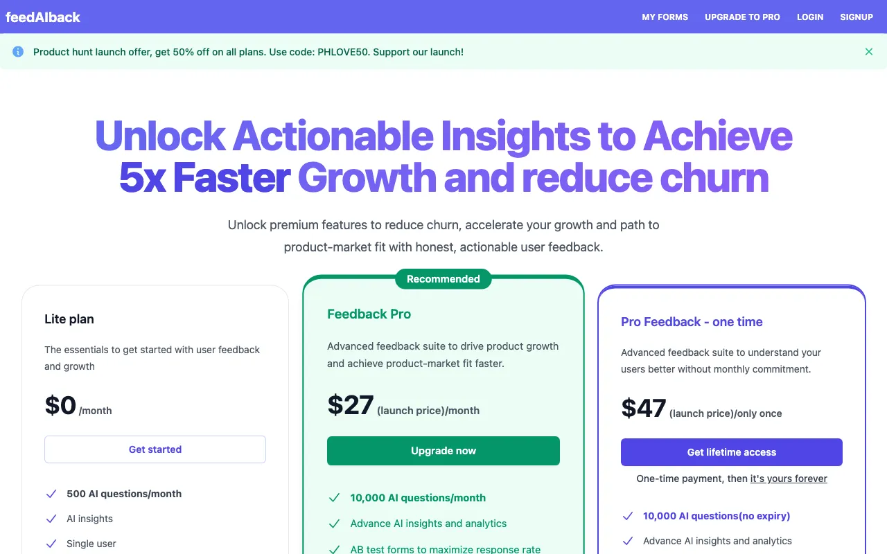 Feed-ai-back:AI driven customer feedback — pricing page