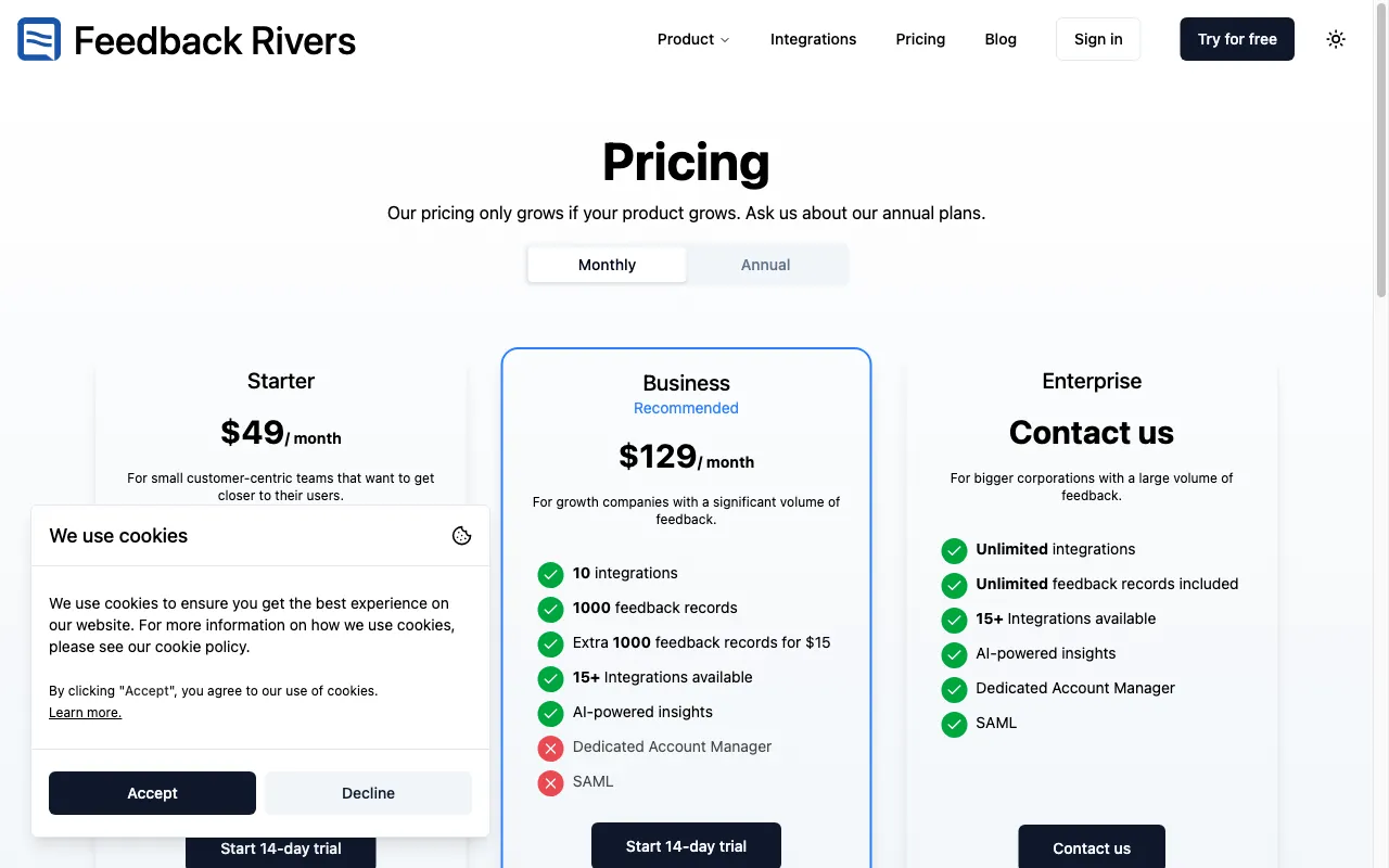 Feedback Rivers — pricing page