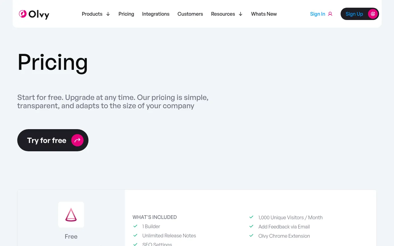 Feedback Widget by Olvy — pricing page
