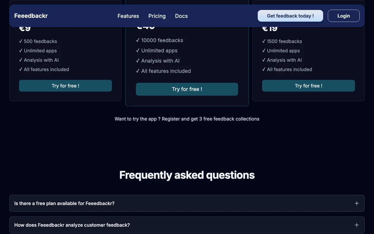 Feeedbackr — pricing page