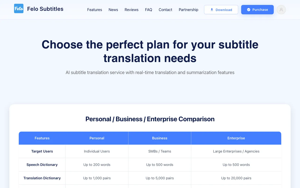 Felo Subtitles — pricing page